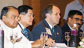 Governor Punjab and UT Administrator Gen S.F. Rodrigues (retd), Rotary International Director and Institute Convener, Noraseth Pathmanand, Trustee of Rotary Foundation of Rotary International Ron Burton and Director, Policy (Ecology), Ministry of Defence, Government of India, Col Parkash Tewari at the plenary session of the Rotary Asia Zone Institute 2006 at the Taj in Chandigarh on Saturday.