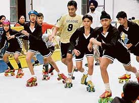 Skaters try to slog it out in the Rink Race in Mohali district skating tournament at Dikshant School in Zirakpur on Saturday. 