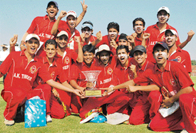 Members of the  Punjab team celebrate after winning the first National Twenty-20 Cricket Championship trophy in Chandigarh on Sunday.