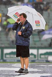 A South African ground manager at the Wanderers Stadium in Johannesburg on Sunday.
