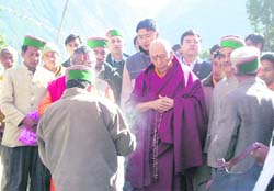 Prof Samdhong Rinpoche, Prime Minister of the Tibetan government-in-exile, being welcomed at Reckong Peo 