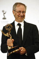 American film director Stephen Spielberg holds up his Founders Emmy award at the International Emmy Awards in New York on Monday.
