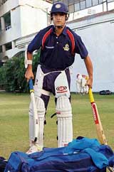 Saurav Ganguly pads up during net practice at PCA Stadium, Mohali, on Wednesday. 