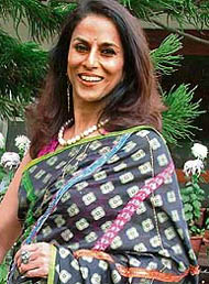 Shobha De poses in one of her own designed sarees in Ludhiana on Wednesday. She has started collaborating with Satya Paul
