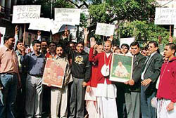 Members of the Iskcon, Ludhiana, and the Bhagwan Jagannath Rath Yatra Mahotsava Committee on Wednesday protest against the demolition of the Iskcon temple in Kazakhistan.