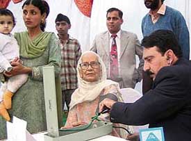 Doctors examine patients at a free medical camp at Dargah Lakh Data Lala Wala Pir, Phase-I, Mohali, on Thursday