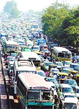 A view of traffic chaos at Vikas Marg due to a rally and the ongoing India International Trade Fair on Thursday