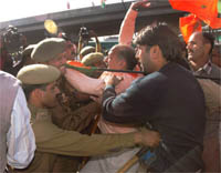 Shiv Sena activists protest against Syeed Ali Shah Geelani, chairman of the Hurriyat Conference, in Jammu on Thursday.