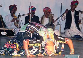 A Rajasthani dancer from Maghnian tribe bends backwards to present Kalbalia dance organised by SPIC MACAY at DAV College, Jalandhar, on Thursday.