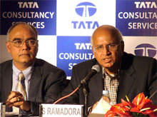 Mr S. RamaDorai, CEO & Managing Director, Tata Consultancy Services (right) and Mr S. Padmanabhan, Global Head, Human Resources, TCS, at the launch of its "Science-to-Software" transformation programme