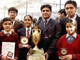 Winners of the Mahatma Hans Raj Memorial Hindi Debate trophy at DAV, Sector 8, Chandigarh on Friday