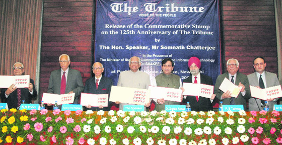 Mr H.K. Dua, Editor-in-Chief, Mr N.N. Vohra, Justice R.S. Pathak, Lok Sabha Speaker Somnath Chatterjee, Minister for State for Communication and IT Shakeel Ahmad, Mr R.S. Talwar, Dr R.P. Bambah and Mr Sanjay Hazari during the release of the commemorative stamp on the 125th anniversary of The Tribune at a function in New Delhi on Friday.