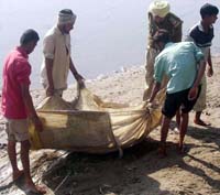 The body of an unidentified person being taken out from Sirhind Canal near Ahmedgarh on Sunday.