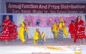 Students of Guru Nanak Model Senior Secondary School present Rajasthani dance and ancient medley at their annual function in Doraha on Sunday.