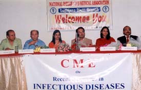 Guest speakers Dr Mona Goyal and Dr Gautam Ahluwalia with functionaries of NIMA at a CME on infectious diseases in Ludhiana on Saturday.