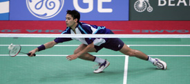 Indias P. Kashyap in action during the mens Pool A badminton match against Chinas Jin Chen in Doha on Thursday. Chen won 21-17, 21-19. 