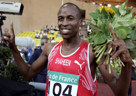 A file picture dated September 19, 2004, shows Qatari Saif Saaeed Shaheen after winning the 3000m steeplechase at the IAAF World Athletics Finals, at the Louis II stadium in Monaco. Shaheen, two-times world champion pulled out of the Asian Games on Thursday due to an Achilles tendon injury, handing a severe blow to host nation Qatars hopes of upsetting powerhouse China in athletics.
