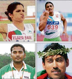 (Clockwise from top left) Runners Pinki Pramanik and Manjit Kaur, shooter Rajyavardhan Singh Rathore and archer Jayanta Talukdar 