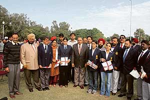 Sports awardees with the UT Administrator, Gen S.F. Rodrigues (retd), and other officials at a function held at the Lake Sports Complex, Sector 3, Chandigarh, on Tuesday.