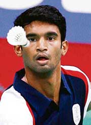 Shuttler Anup Sridhar in action against Sri Lankas Dinuka Nishan Karunaratne in Doha on Tuesday. 