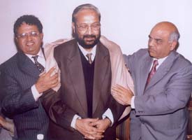 Mr R.K. Singh, Chairman, Income Tax Settlement Commisson, being felicitated by Mr Ashok Juneja, president, Tax Bar Association, and Mr Subhash Jain, in Ludhiana on Wednesday