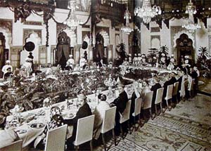 Banquet held in the Durbar Hall, Laxmi Vilas Palace, Baroda, on the occasion of a state visit of Maharaja Ganga Singh of Bikaner, 1934