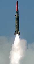 Pakistans short-range Hatf-III Ghaznavi missile takes off from an undisclosed location during a test flight on Saturday.