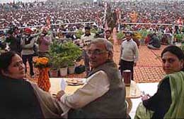 Haryana Chief Minister Bhupinder Singh Hooda (centre) at a rally at Phaphrana village in Assandh on Sunday.