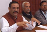 Punjab BJP general secretary Vijay Sampla addresses a press conference in Jalandhar on Sunday