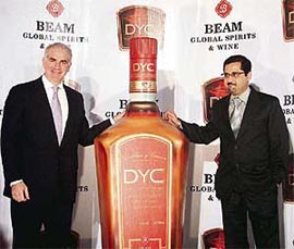Mr Harish Moolchandani (right), MD, Beam Global Spirits and Wines (India), and Mr Thomas J. Flocco, President & CEO of Beam Global Spirits and Wines Inc. at the launch of IMFL brand Whisky DYC in New Delhi on Tuesday.