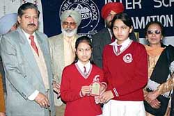 The winners of a declamation contest, held at Everest Public Senior Secondary School, Ludhiana, on Wednesday.