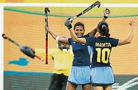 Mamta Kharab and team-mates celebrate their bronze medal win