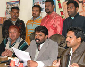 Vijay Dhanav and other leaders of the Bhartiya Valmiki Dharam Samaaj address a press conference in Ludhiana