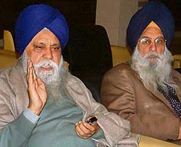 Mr Jaswant Singh Mann (left), president, All-India Shiromani Akali Dal, addresses reporters at Amritsar on Thursday.