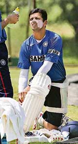 Rahul Dravid gets ready to take part in a training session in Johannesburg on Thursday