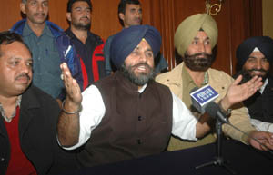 Mr Sukhbir Badal, general secretary, SAD, along with party workers talks to mediapersons in Jalandhar