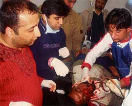 Doctors attend on councillor Harpal Singh Fauzi who was seriously injured in an accident at Ahmedgarh on Thursday.
