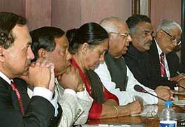 Mr H.K. Dua, Editor-in-Chief, The Tribune, Lok Sabha Secretary-General P.D.T. Achary, Lok Sabha Speaker Somnath Chatterjee, Ms Margaret Alva, former Speaker P.A. Sangma and Chairman of The Hindu newspaper N. Ram during the seminar on 'Legislature and Media: Reflections on Role and Relations', organised by the Bureau of Parliamentary Studies and Training at Parliament Library building in New Delhi on Friday. 