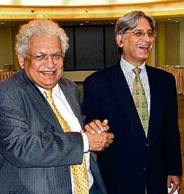 Lord Meghnad Desai, Chairman, Centre for Governance and Asia Research Centre, with Mr Aitzaz Ahsan, former Law, Justice, Interior and Education Minister of Pakistan during the third annual Sher-e-Punjab Maharaja Ranjit Singh Memorial Lecture at India Islamic Culture Centre in New Delhi on Friday evening.