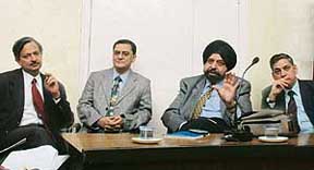 Dr S.K. Sarin, Dr Gour Choudhari, Dr J.S. Bajaj and Dr K.K. Talwar address mediapersons at the PGI on Sunday.