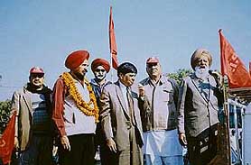 CPI national executive member Joginder Dayal (second from left), campaigns for the party candidate in Sector 46, Chandigarh, on Sunday.