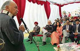 Punjab Health and Finance Minister Surinder Singla addresses a gathering after laying the foundation stone for a cancer radio therapy unit at Grecian Hospital in Mohali