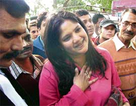 Mala a close friend of Sabrina and Jessica Lall, thanks the media after the verdict in the Jessica Lall murder case at Delhi High Court in New Delhi on Monday.