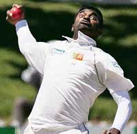 Sri Lankas Muttiah Muralitharan in action on day four of the second Test against New Zealand in Wellington on Monday.