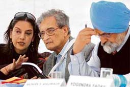 From left: Veteren actress and former MP Shabana Azmi, Nobel Prize winner prof Amartya Sen and Deputy Chairman of Planning Commission Montek Singh Ahluwalia at a seminar on the rights of children in New Delhi