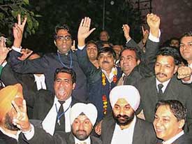 Mr Hemant Kalia with his supporters after being elected president of the District Bar Association in Ludhiana on Wednesday