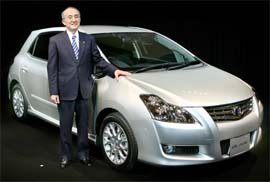 Mr Katsuaki Watanabe, President, Toyota Motors, introduces a new compact hatchback "Blade" in Tokyo on Thursday. "Blade", equipped with a 2.4 litre engine, is priced between 2.2 million yen ($19,000) and 2.7 million yen ($23,500), including a 5 per cent consumption tax. 