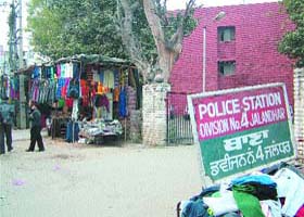 The boundary wall of Police Station Division No. 4, Jalandhar, has been encroached upon by hawkers