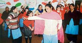 Students of BCM, Dugri, Ludhiana, entertain workers of the school by playing games with them on Thursday. 
