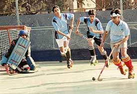 A roller hockey match in progress between the teams of the Blue Bird Club and Bhavan Vidyalaya in the 12th District Skating Championship held at Blue Bird High School, Sector 16, Panchkula